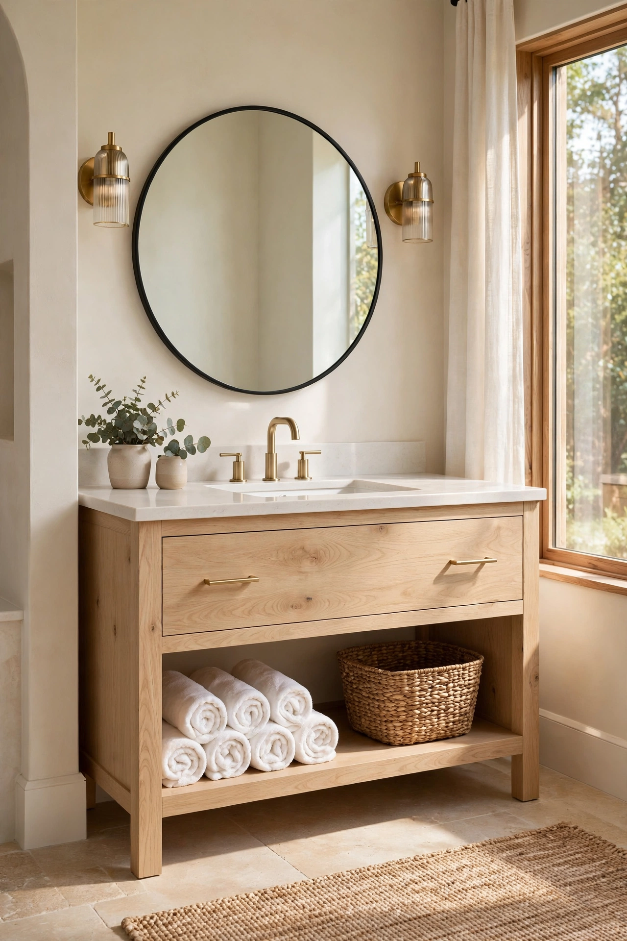 White oak vanity with open bottom shelf for towels