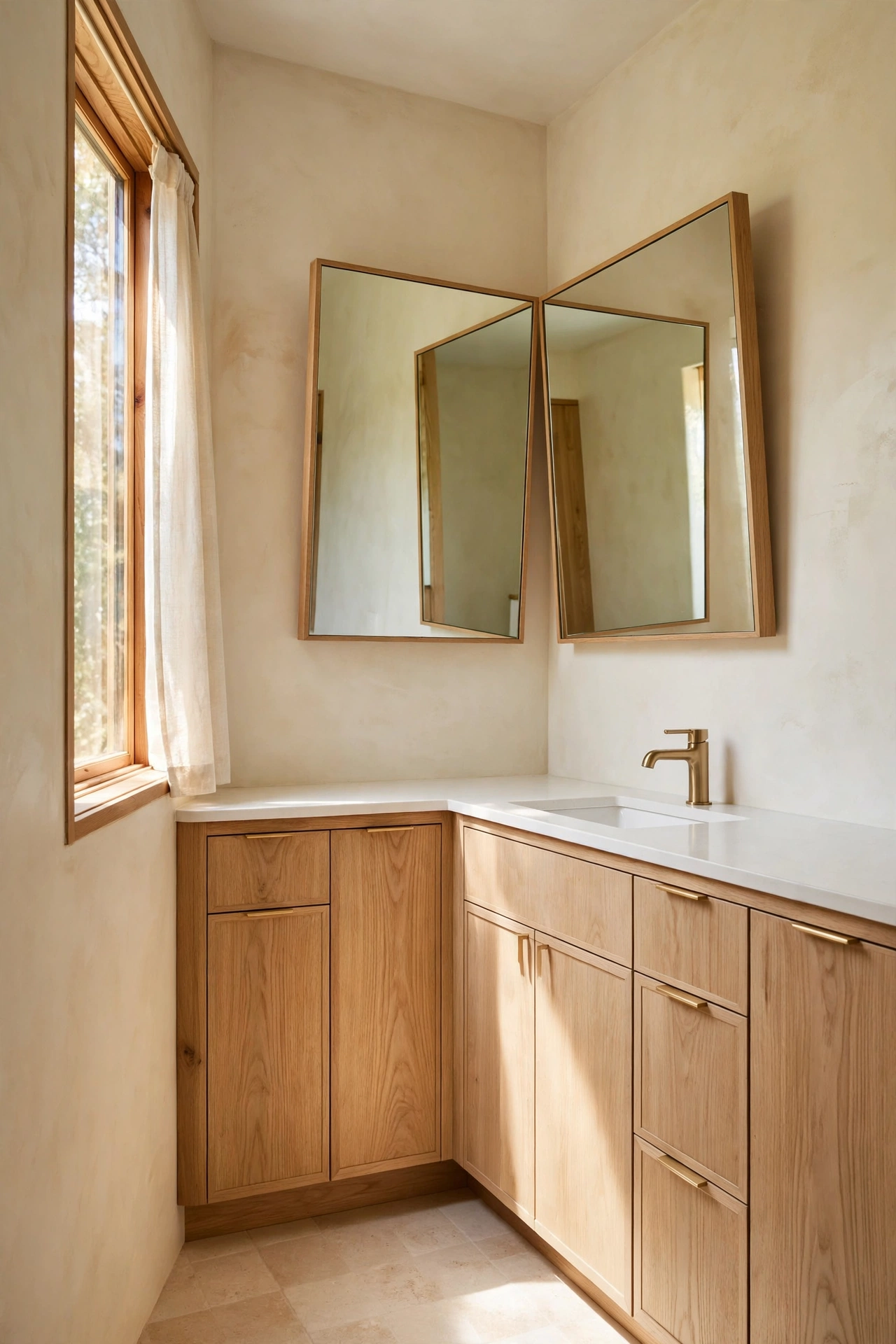 Corner white oak bathroom vanity