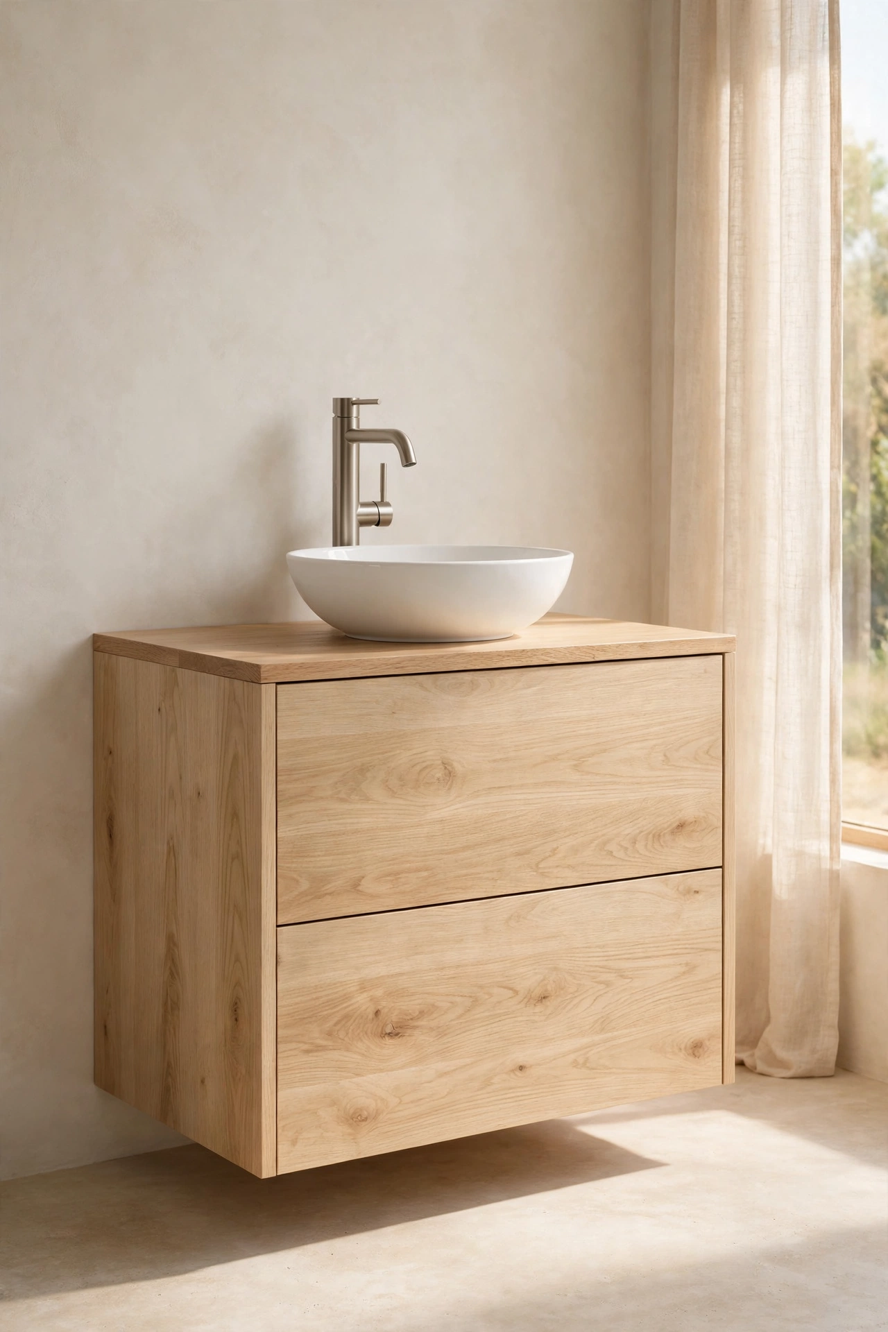 White oak vanity with vessel sink on top