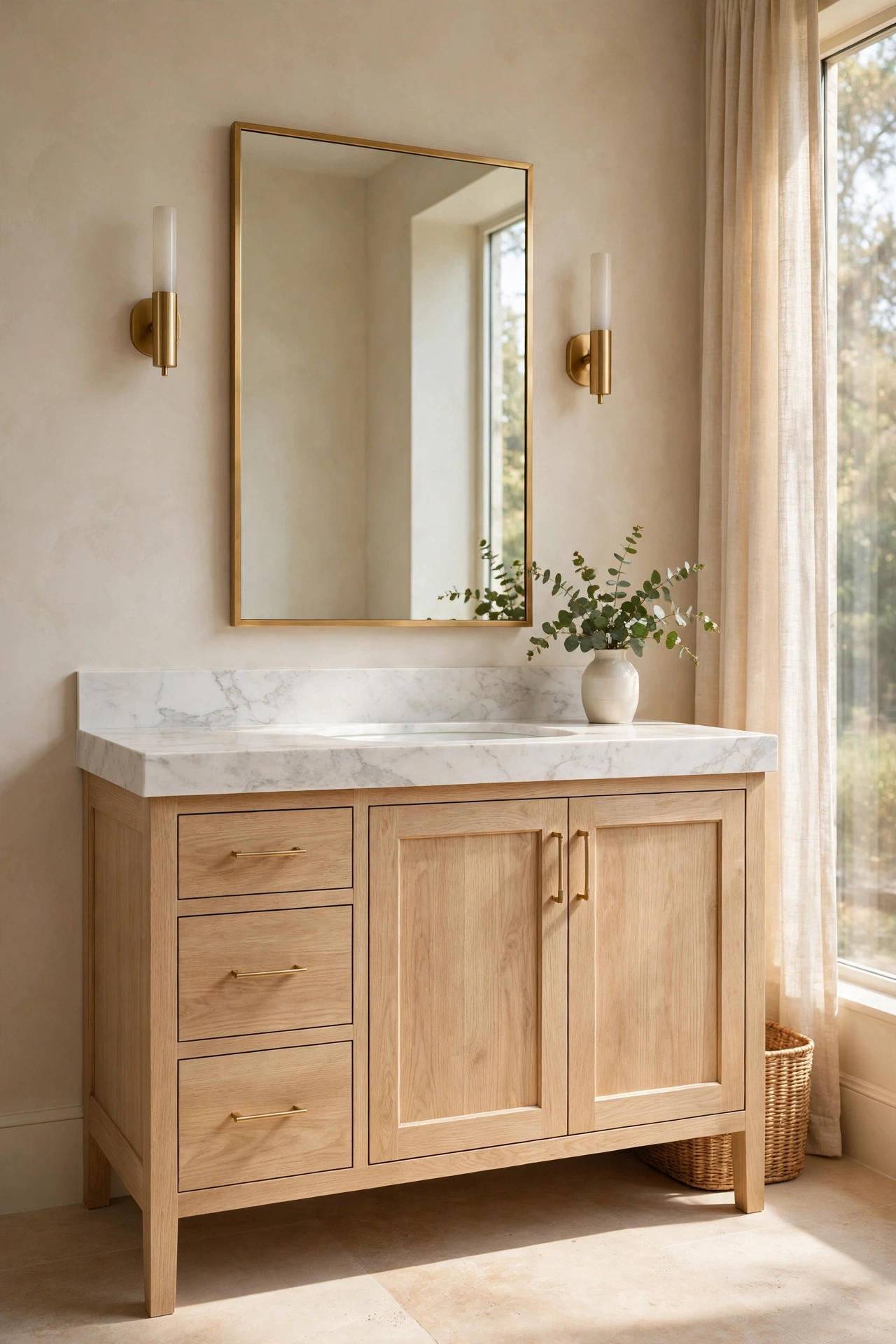 White oak vanity with marble-look porcelain top