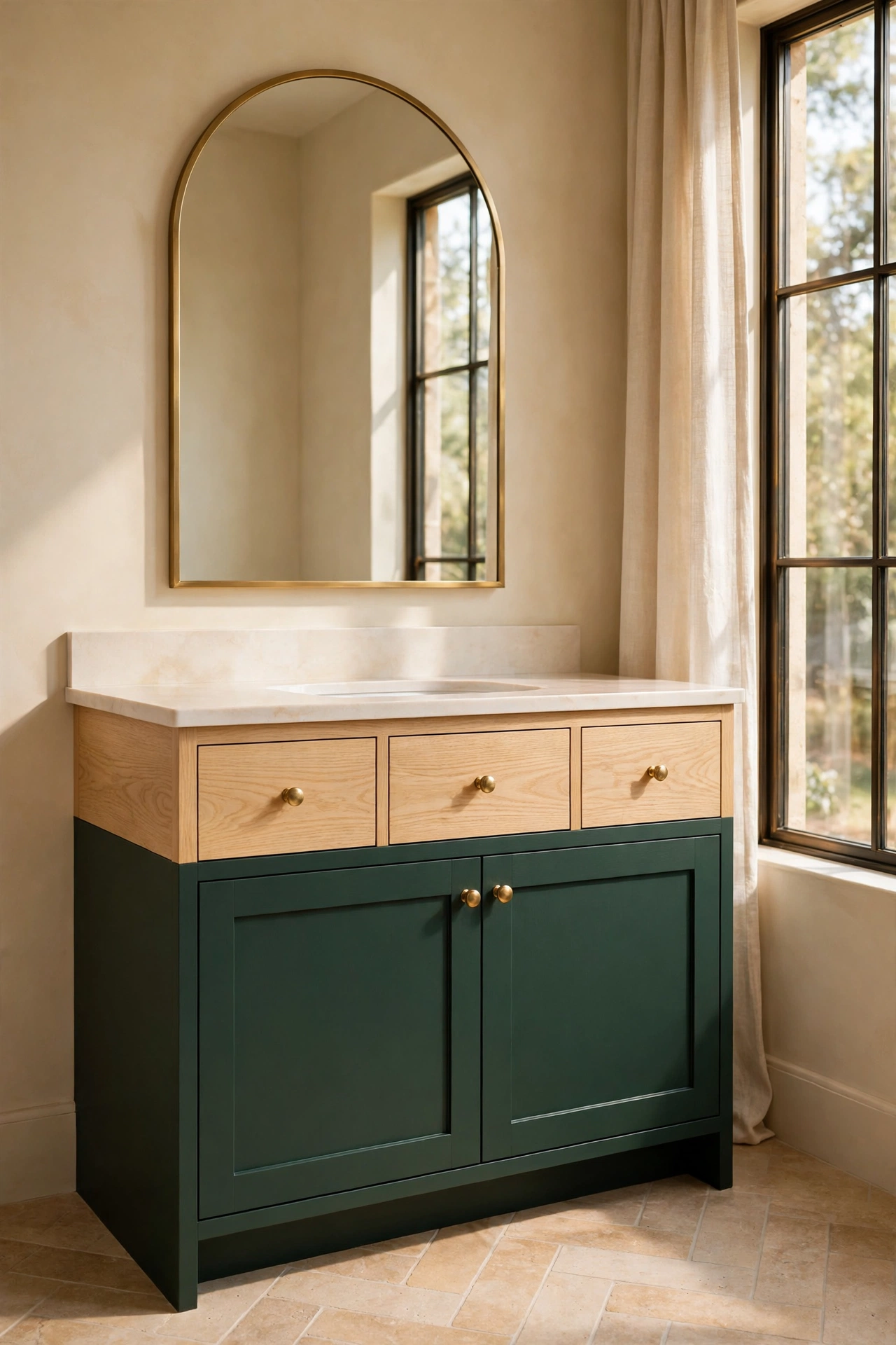 Two-tone vanity with white oak and painted base