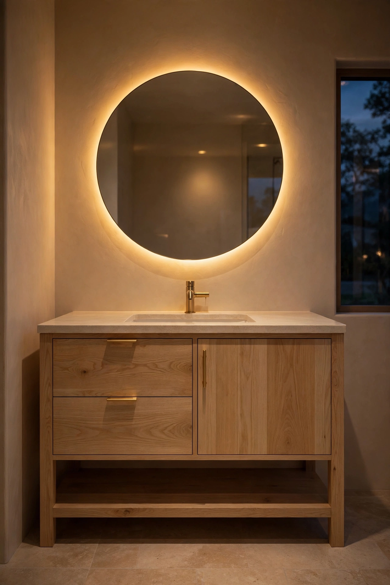 White oak vanity with backlit mirror