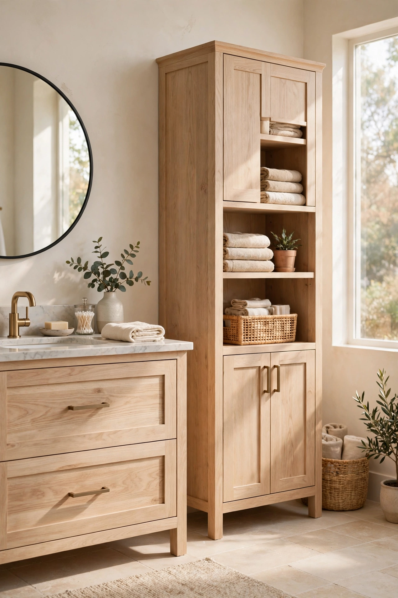 White oak vanity with tall side storage tower