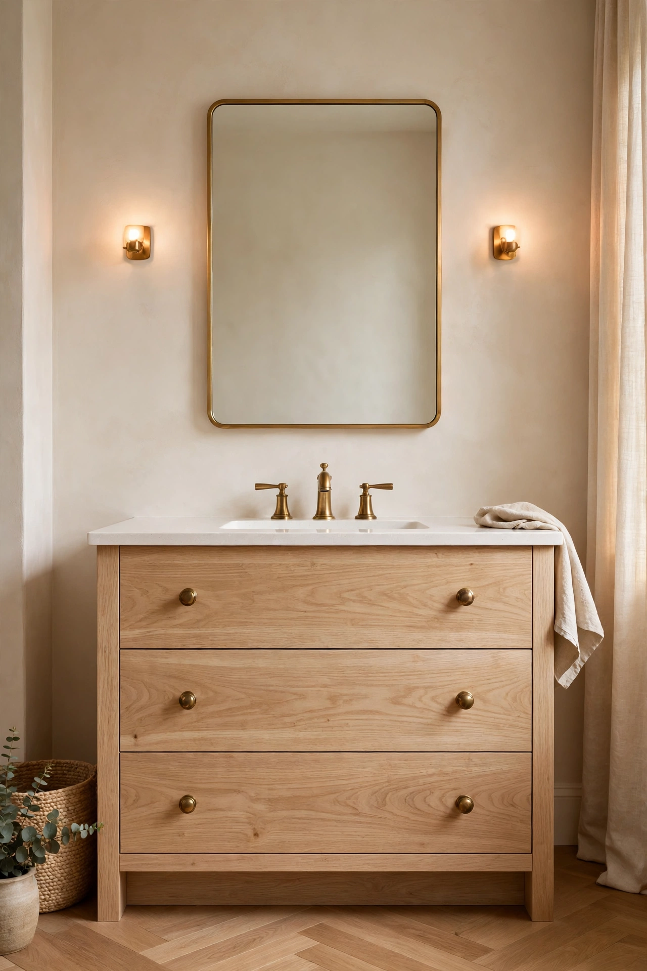 White oak vanity with brass fixtures