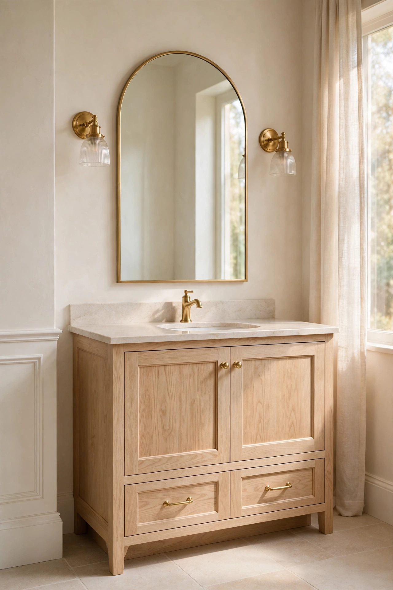 White oak vanity with arched mirror