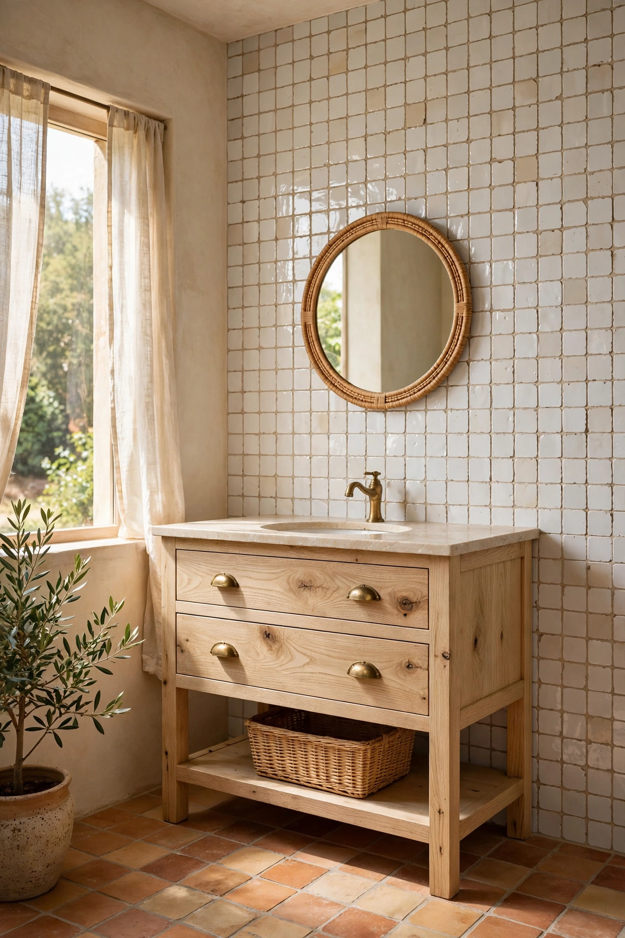 White oak vanity with zellige tile backsplash
