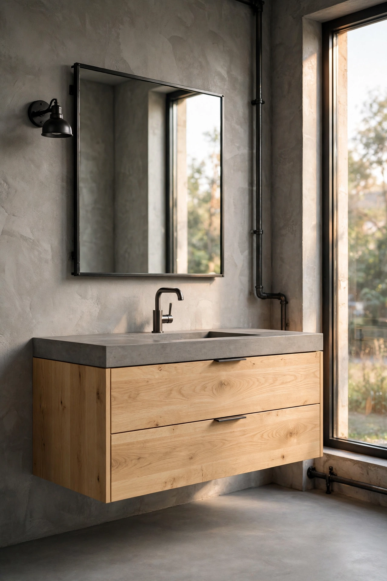 White oak vanity with concrete-look top