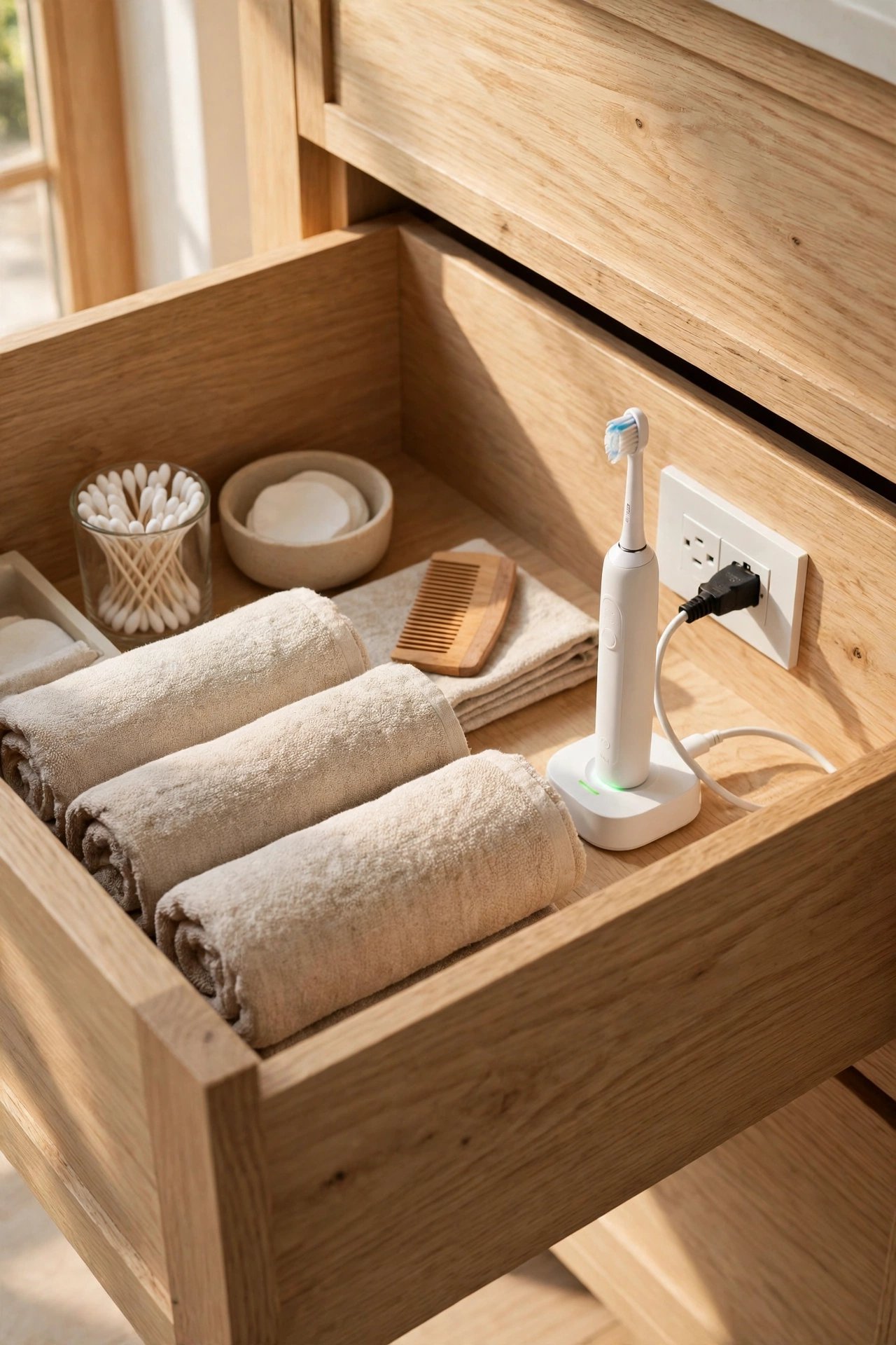 White oak vanity drawer with built-in charging outlet