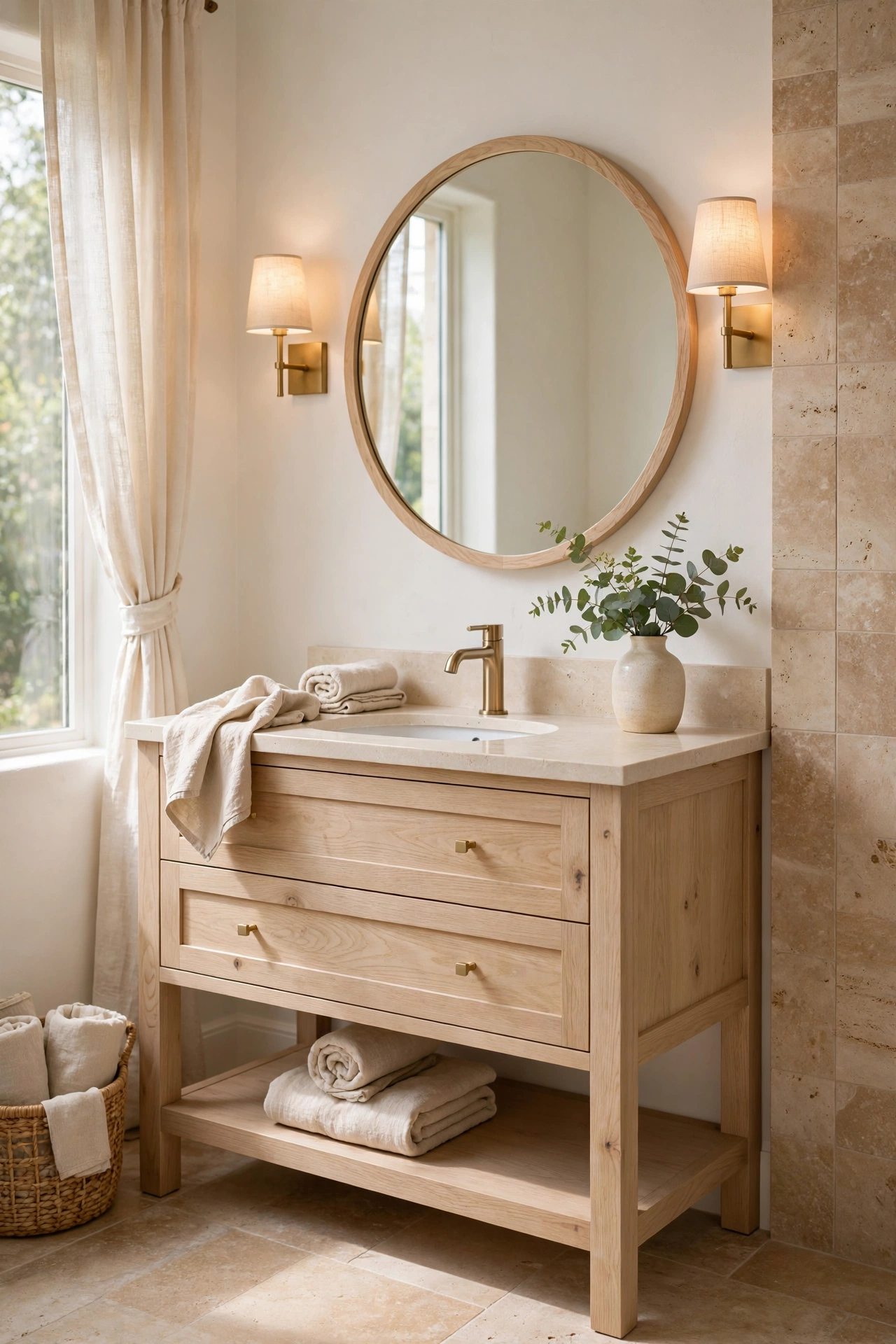 Spa-like neutral bathroom with white oak vanity