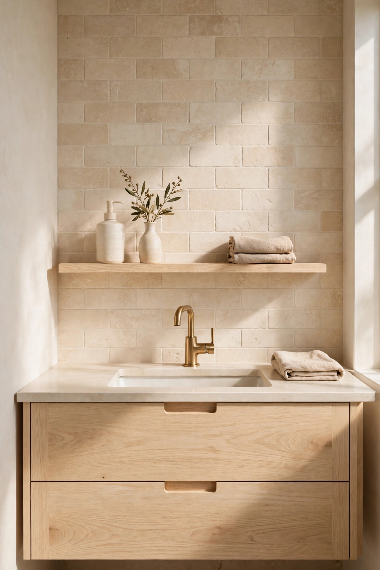 White oak vanity with backsplash ledge shelf