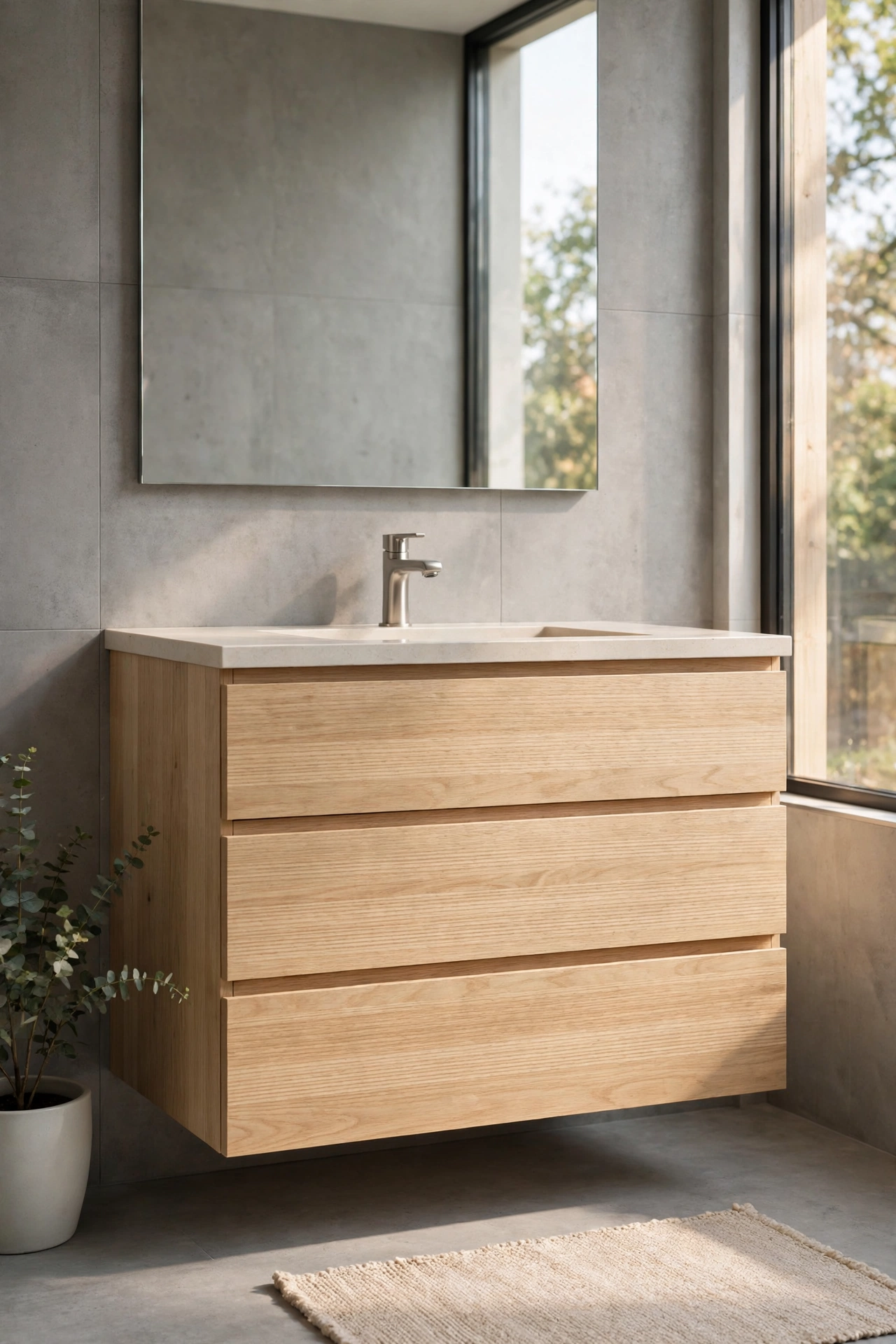 Rift-sawn white oak vanity with linear grain